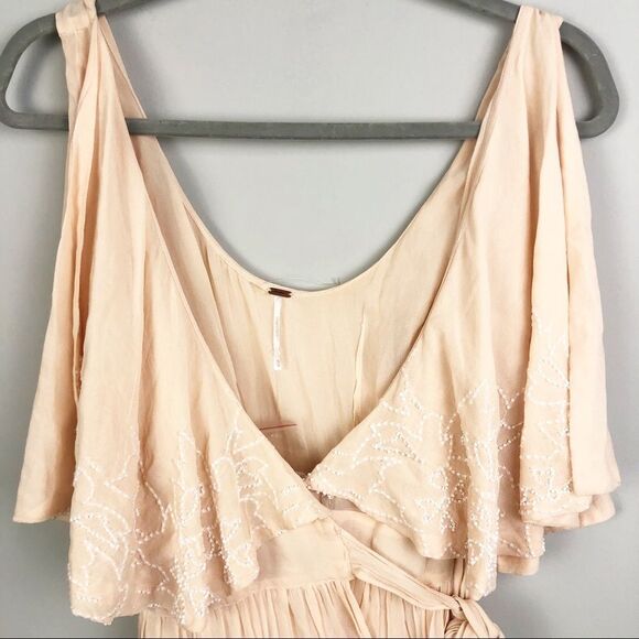 FREE PEOPLE | Sylvia Blush Beaded Mini Wrap Dress Tie Side NEW Women’s Size XS - Picture 4 of 10